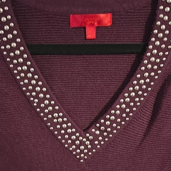 Jennifer Lopez Studded V-Neck Pullover Sweater - Plum - Picture 3 of 3